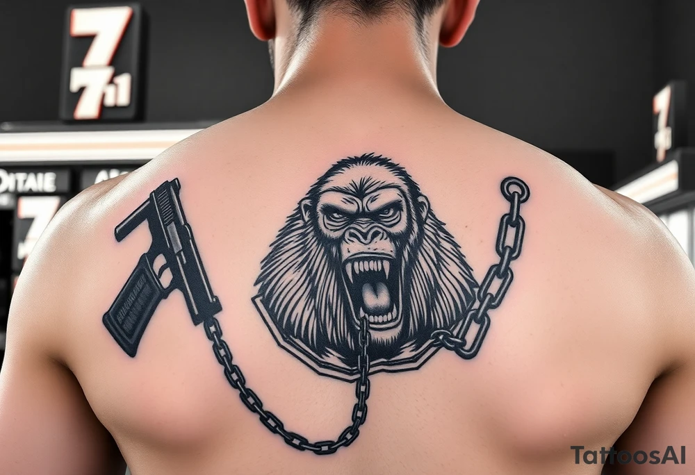 Someone standing in from of 7/11 with a gun and in the other hand is a chain with a gorilla at the end of it he’s angry mouth open and giant teeth tattoo idea
