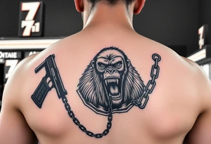 Someone standing in from of 7/11 with a gun and in the other hand is a chain with a gorilla at the end of it he’s angry mouth open and giant teeth tattoo idea