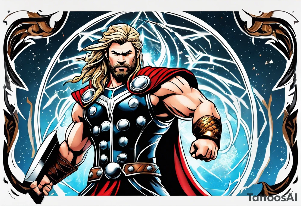 The Mighty Thor that looks like the Chris Hemsworth version with lightning in the background tattoo idea