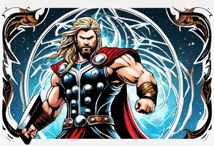 The Mighty Thor that looks like the Chris Hemsworth version with lightning in the background tattoo idea