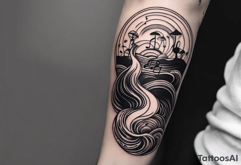 a simple line of icons down the back of the arm. there are four icons in this order:

1. a music note on a staff
2. a wave of water
3. a pocket
4. mushroom tattoo idea