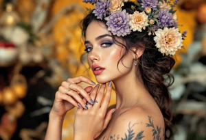 Alfons Mucha’s art nouveau muse holding a bouquet of lavender and cream flowers, set against a warm amber background. tattoo idea
