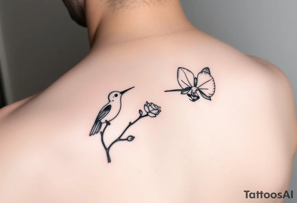 A delicate, black and white fine-line tattoo for make, featuring a gracefully detailed orchid in full bloom (stem and at least 2 flowers), with soft, intricate petals and elegant curves. Beside it, a hummingbird hovers mid-flight, its wings drawn with subtle motion lines, its slender beak reaching toward the orchid’s center to drink its nectar. The design captures a sense of balance and harmony, with the contrast between the stillness of the flower and the gentle energy of the bird. Perfectly suited for the upper arm, this piece combines nature’s beauty and movement in a timeless, minimalist style tattoo idea