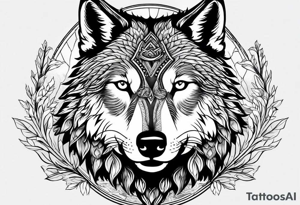 Halbes Gesicht eines Wolfes
Mit Keltischen Zeichen
Im Hintergrund Wald und Berge tattoo idea