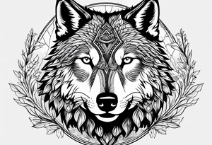 Halbes Gesicht eines Wolfes
Mit Keltischen Zeichen
Im Hintergrund Wald und Berge tattoo idea