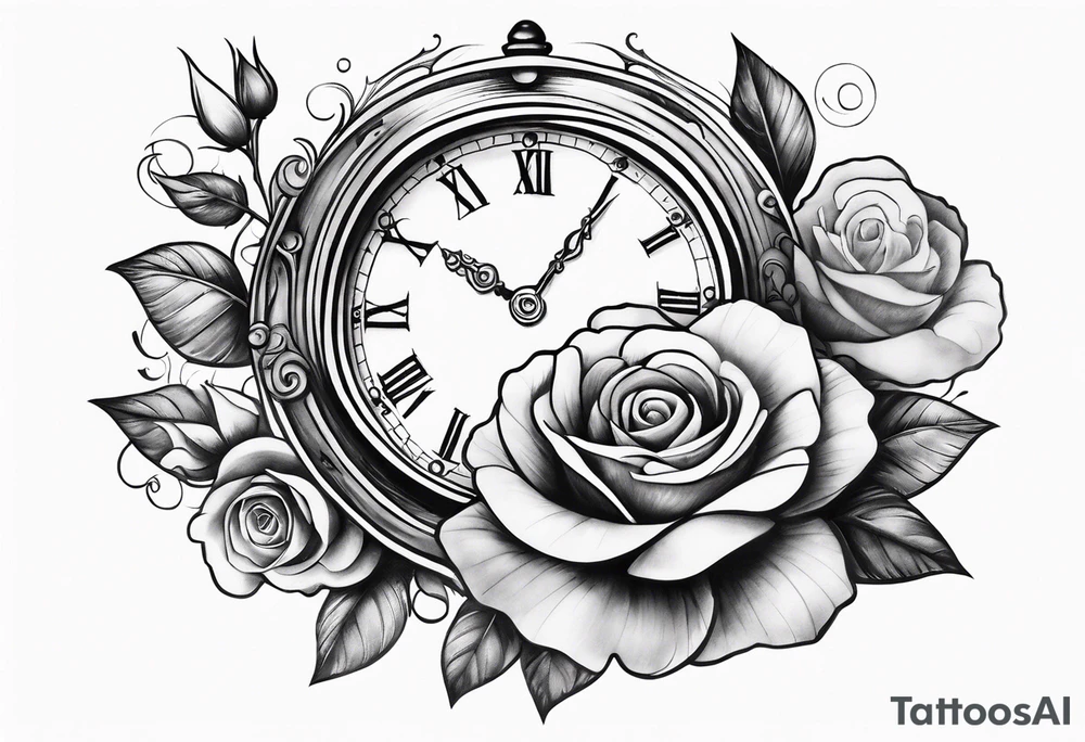 Arm tattoo with clock surrounded by clouds and a rose at the bottom tattoo idea