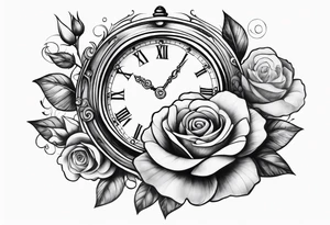 Arm tattoo with clock surrounded by clouds and a rose at the bottom tattoo idea