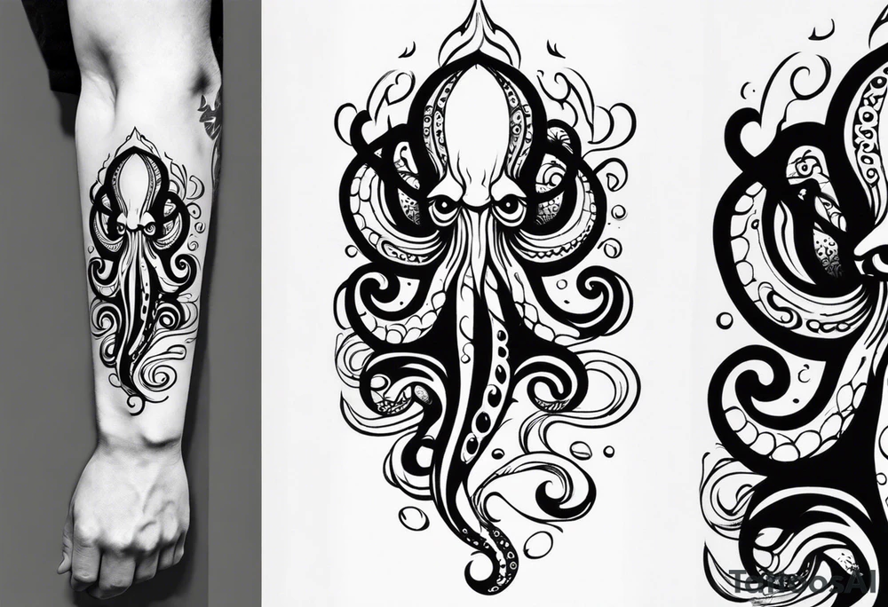 Tribal half sleeve. octopus surrounded by ribbons of water waves filled with fish. the octopus has small eyes. Use thick lines only with less detail. tattoo idea