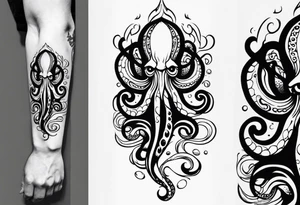 Tribal half sleeve. octopus surrounded by ribbons of water waves filled with fish. the octopus has small eyes. Use thick lines only with less detail. tattoo idea