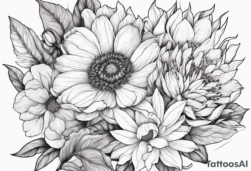 Upper arm half sleeve fall color peonie, sunflowers, magnolias, wild flowers tattoo idea