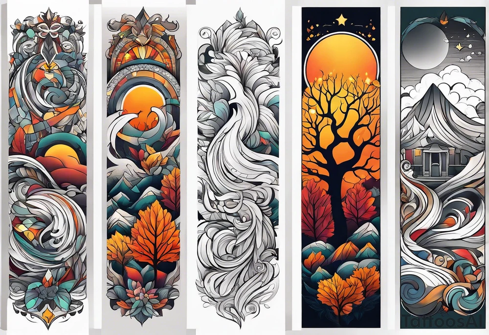 Arm Sleeve Tattoo with fall colors flat tattoo idea
