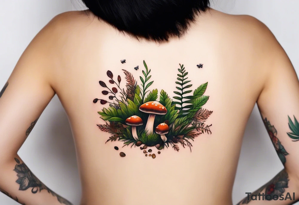 minimalistic forest floor inspired tattoo, which includes grass, moss, curly ferns and dead leaves as the bulk of the tattoo. details to include: forest berries, couple of very small brown mushrooms, a tiny bumblebee flying nearby tattoo idea
