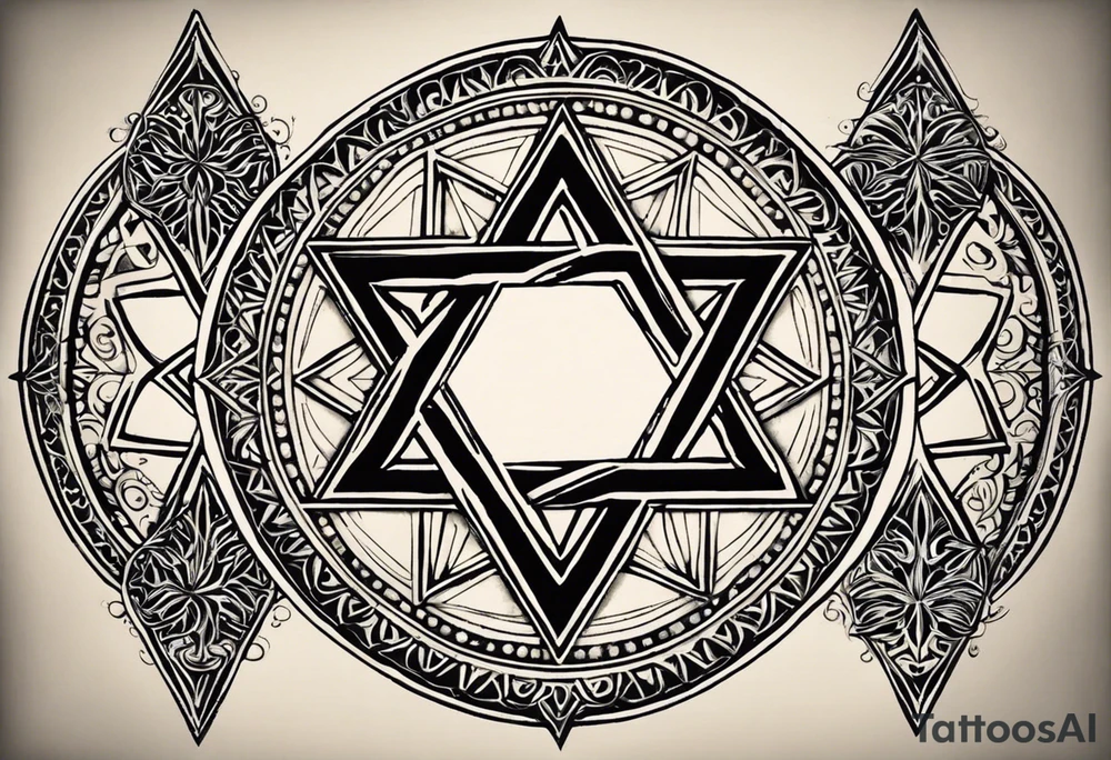 I would like two symmetrical tattoos on the left and right sides of my chest. The main element should be a Star of David (six-pointed star) on each side. Inside each star, I want the Armenian Wheel of Eternity.

	•	The Wheel of Eternity should be placed in the center of the Star of David, with a circular, swirling design to symbolize infinity and continuous life cycles. It should be detailed but simple enough to blend seamlessly with the star.
	•	The overall look should be bold, clean, and geometric, with a modern and minimalist style. tattoo idea