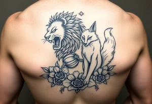 sleeve tattoo, black and white, lion and nine-tailed fox irezumi style with asian floral designs surrounding them tattoo idea