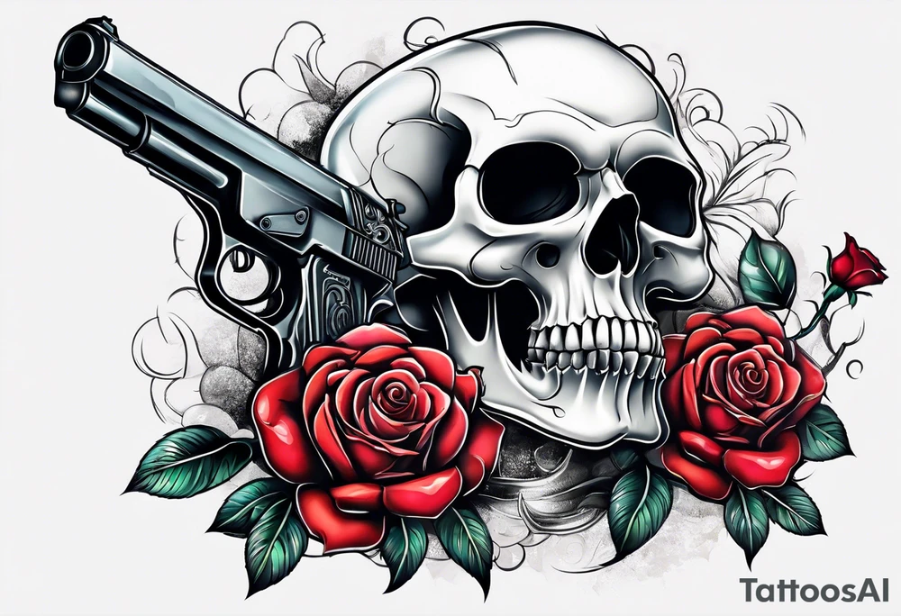 skull with a gun a  rose and a heart tattoo idea