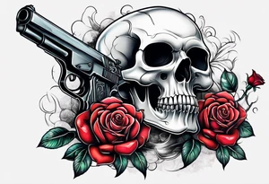 skull with a gun a  rose and a heart tattoo idea