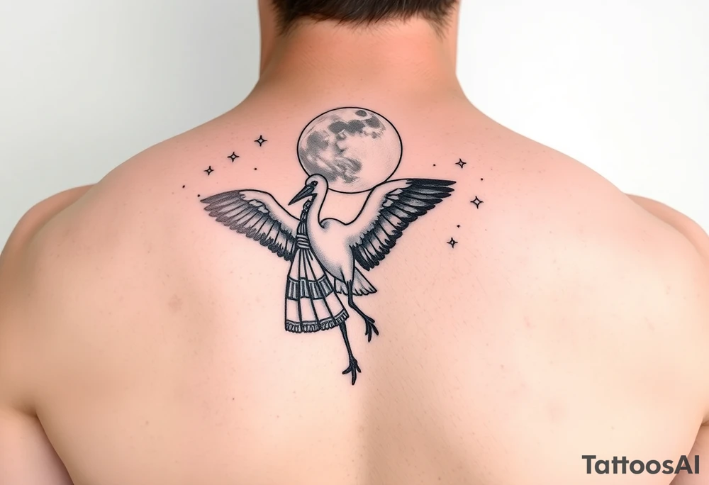 Stork carry bundle towards moon, stars tattoo idea