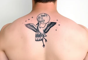 Stork carry bundle towards moon, stars tattoo idea
