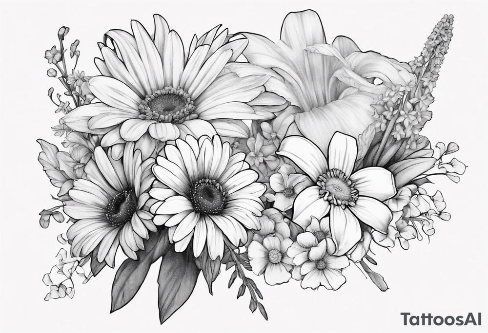 a fine line, dainty bouquet of a gerbera daisy, an iris, blue bells, and forget me nots, tied together with a small bow. no shading or realism. a small line work piece tattoo idea