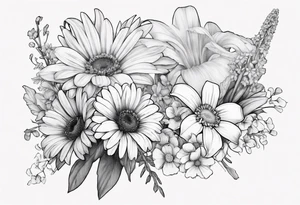 a fine line, dainty bouquet of a gerbera daisy, an iris, blue bells, and forget me nots, tied together with a small bow. no shading or realism. a small line work piece tattoo idea