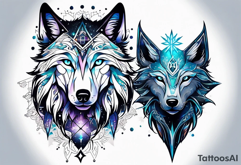 Constellation, two animal alien wolf, snowflake tattoo idea