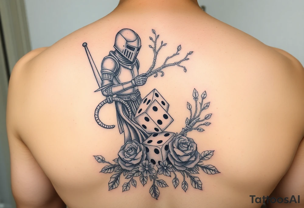 knight and squid combined with tree roots, cherry blossoms and roses rolling dice tattoo idea
