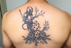 knight and squid combined with tree roots, cherry blossoms and roses rolling dice tattoo idea
