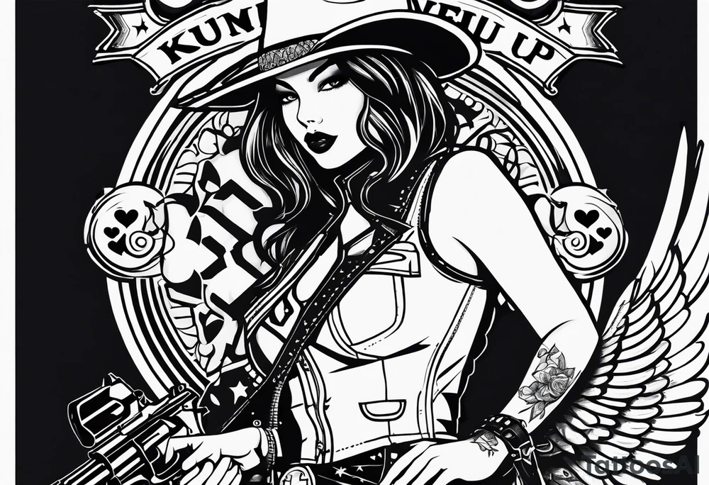 Sexy, feminine, gangster, guns, angel/devil, speed bike heart pulse, kuromi, mason symbol, "cowboy up" handwriting, tattoo idea