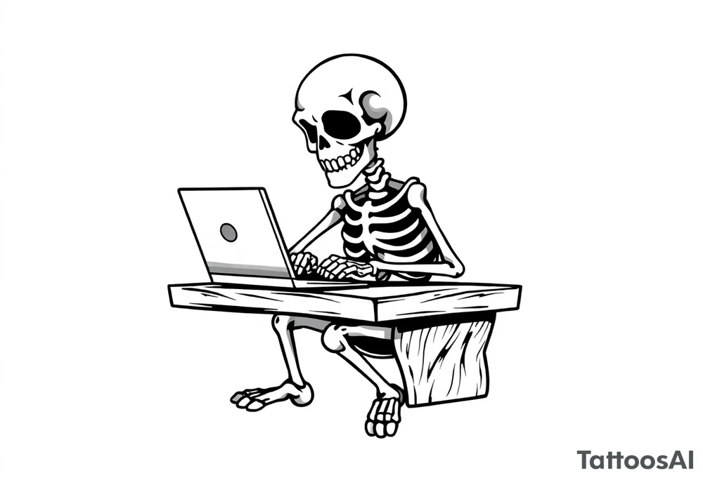 skeleton working at a desk with a laptop tattoo idea