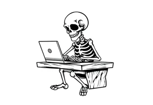 skeleton working at a desk with a laptop tattoo idea