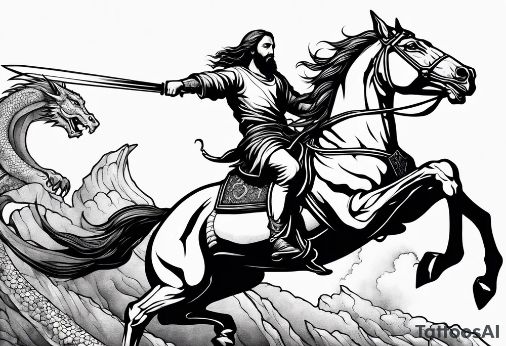 Jesus slaying a dragon with a sword while riding a horse tattoo idea