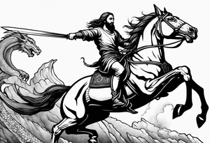 Jesus slaying a dragon with a sword while riding a horse tattoo idea