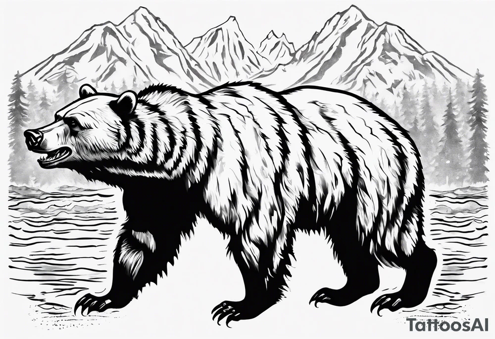 A transparent growling grizzly bear standing on hind legs and inside the bear a realistic depiction of the triglav mountain in slovenia and under the sea pounding the mountain. All inside the bear tattoo idea