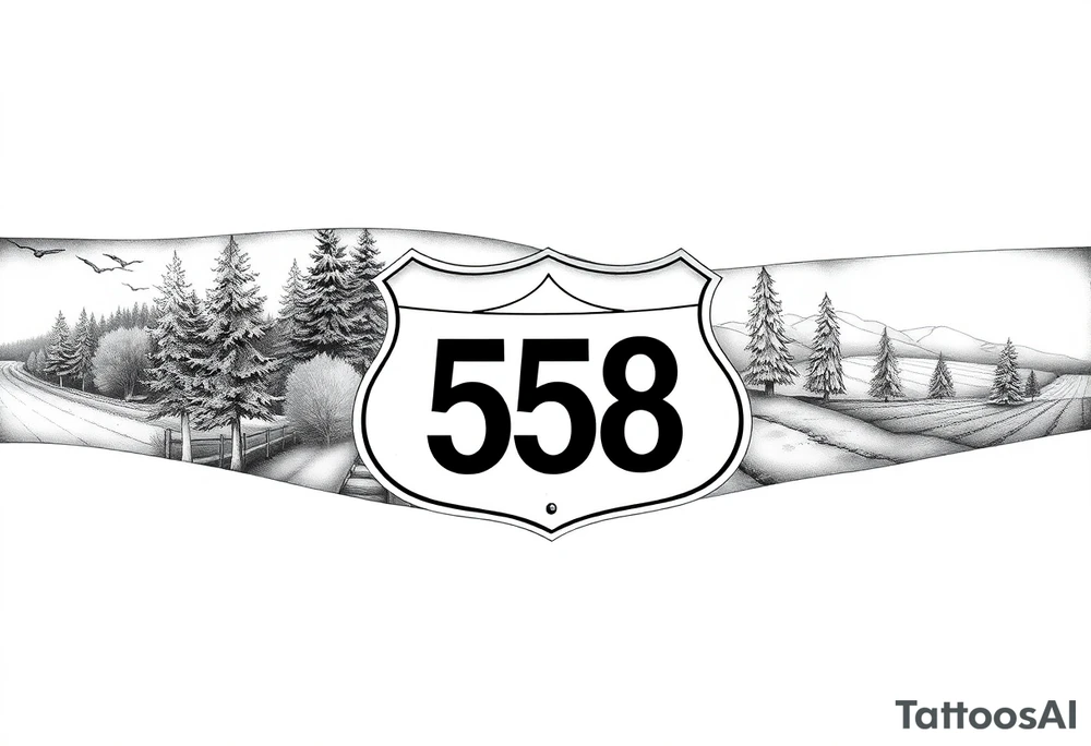 Arm sleeve State Route sign 558, with trees all around and farm in background, road w/ view tattoo idea