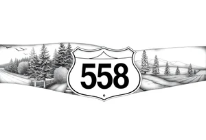 Arm sleeve State Route sign 558, with trees all around and farm in background, road w/ view tattoo idea