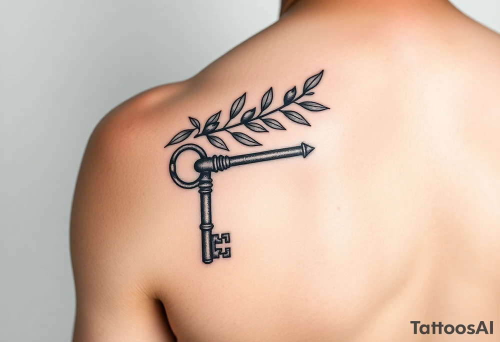A metal key wrapped in olive leaves on the left arm tattoo idea