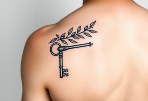 A metal key wrapped in olive leaves on the left arm tattoo idea