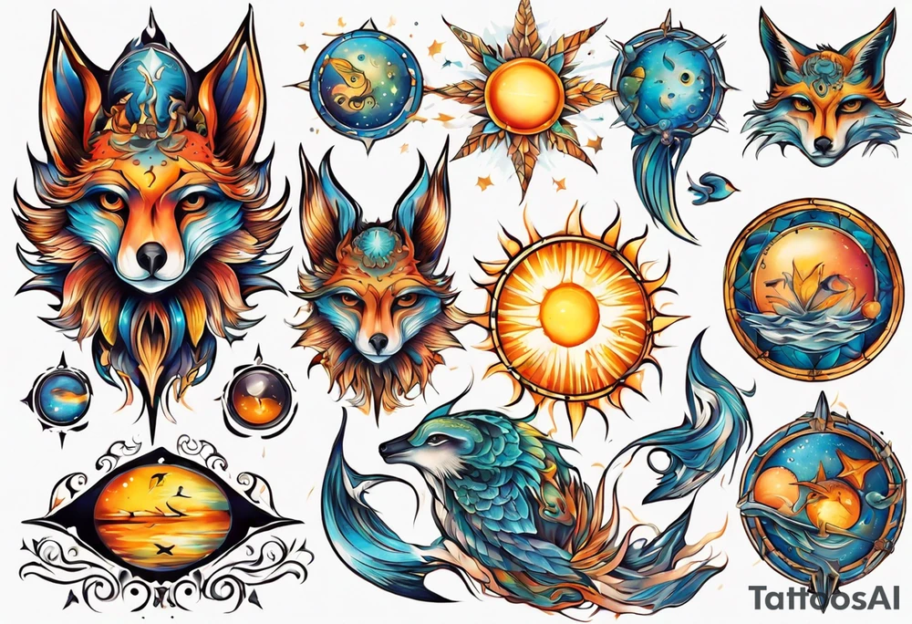 fisch, fuchs und eule , symetrie  sonne, universum, bunt tattoo idea