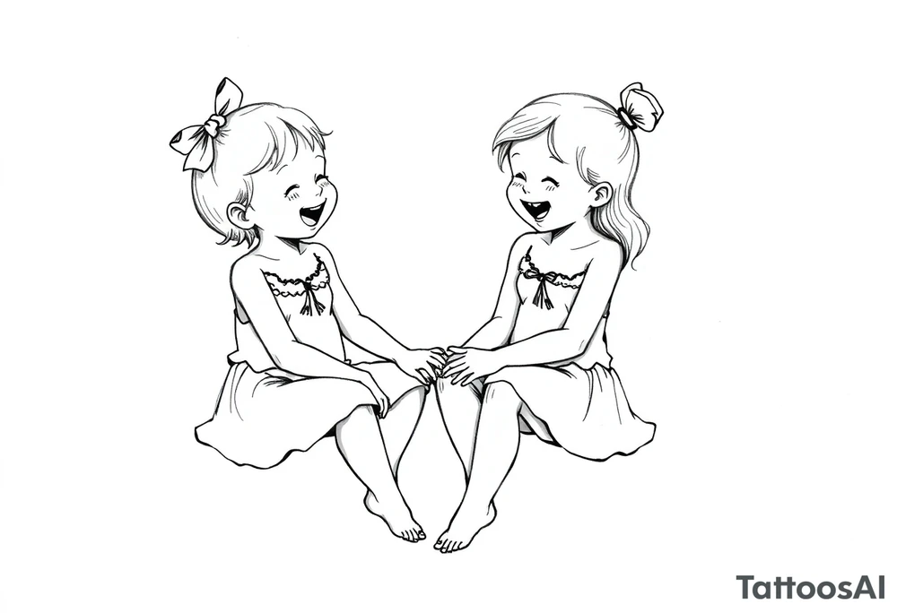 Zwei lachende kleine mädchen sitzen sich gegenüber eine hat einen Dutt die andere einen Zopf und sie berühren sich an den Fußsohlen tattoo idea