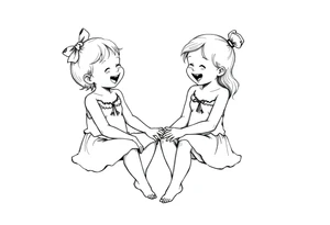 Zwei lachende kleine mädchen sitzen sich gegenüber eine hat einen Dutt die andere einen Zopf und sie berühren sich an den Fußsohlen tattoo idea