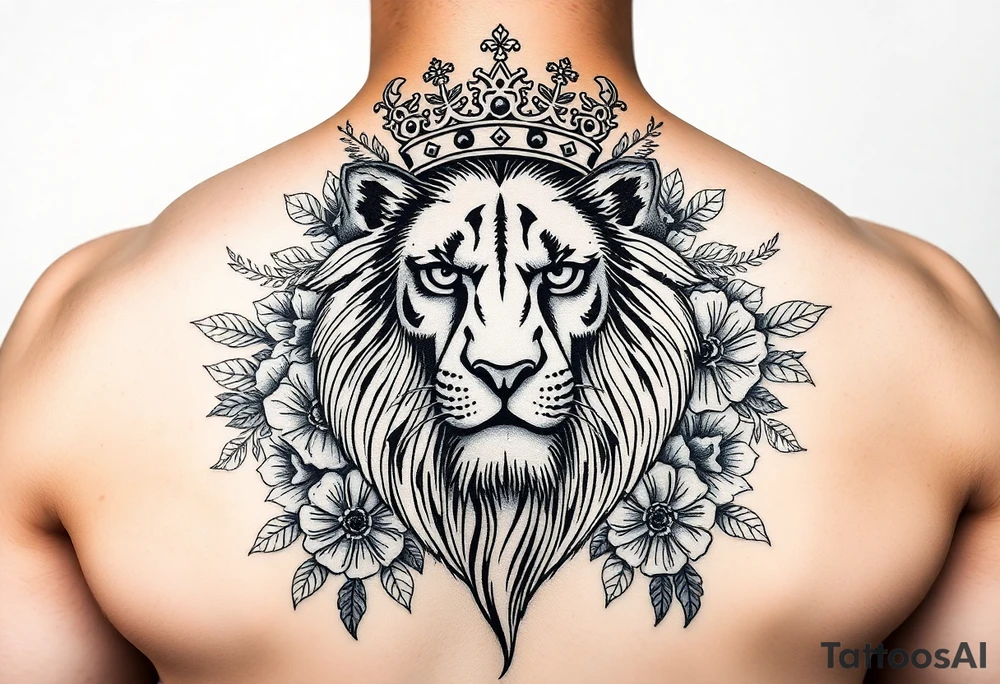 powerful majestic lion with a crown, surrounded by floral ornaments and birds tattoo idea