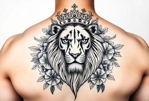 powerful majestic lion with a crown, surrounded by floral ornaments and birds tattoo idea