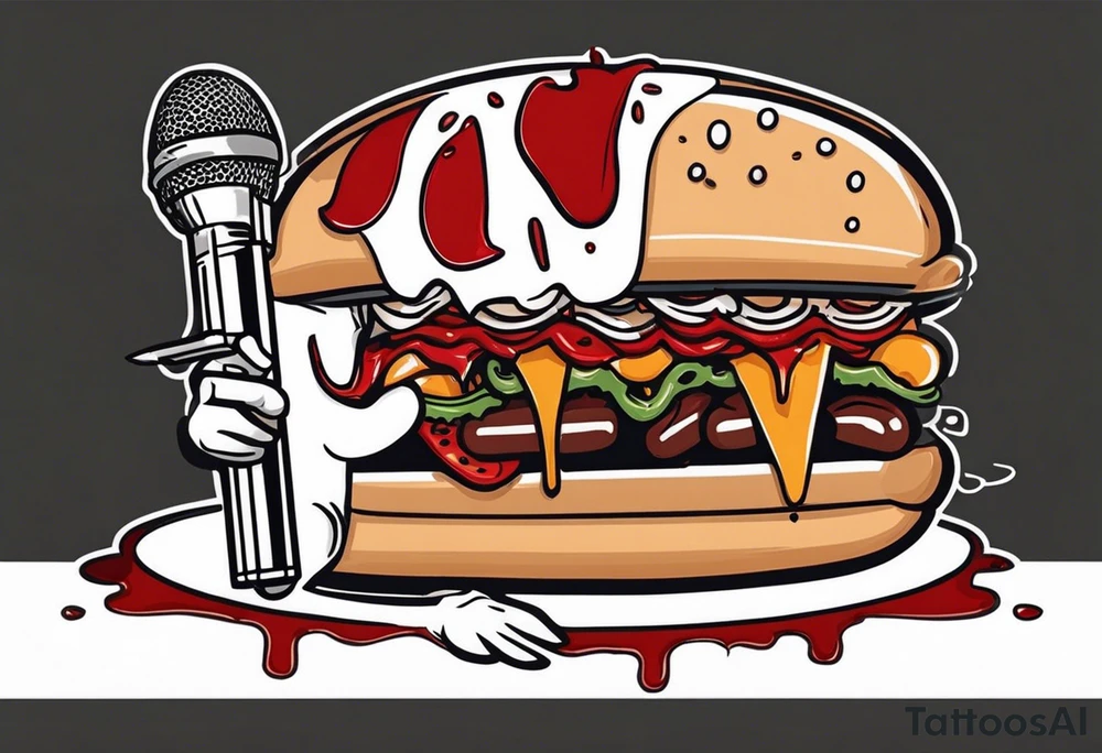 anamorphic hotdog man that is holding a decapitated human head(white guy) in one hand. And in the other hand a microphone that on the bottom end is a crooked dagger dripping blood. tattoo idea