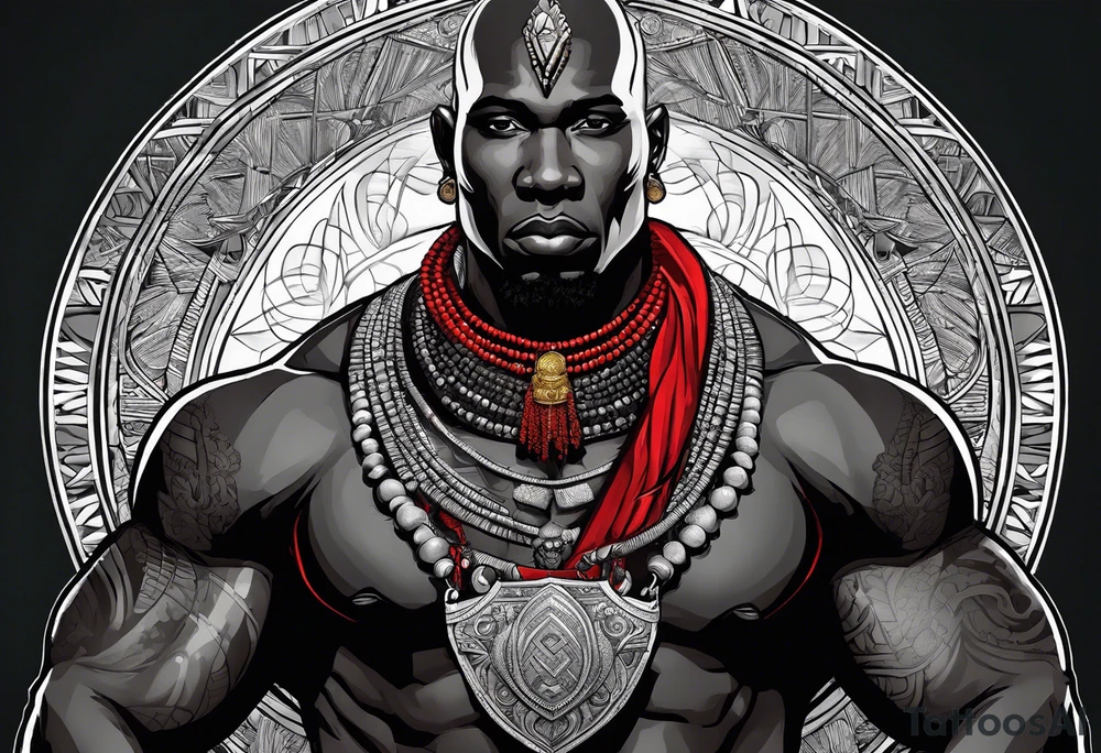 Black-skinned bald african warrior. He is a god of the war. Wears a simple red necklace and a silver crown tattoo idea