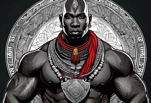 Black-skinned bald african warrior. He is a god of the war. Wears a simple red necklace and a silver crown tattoo idea