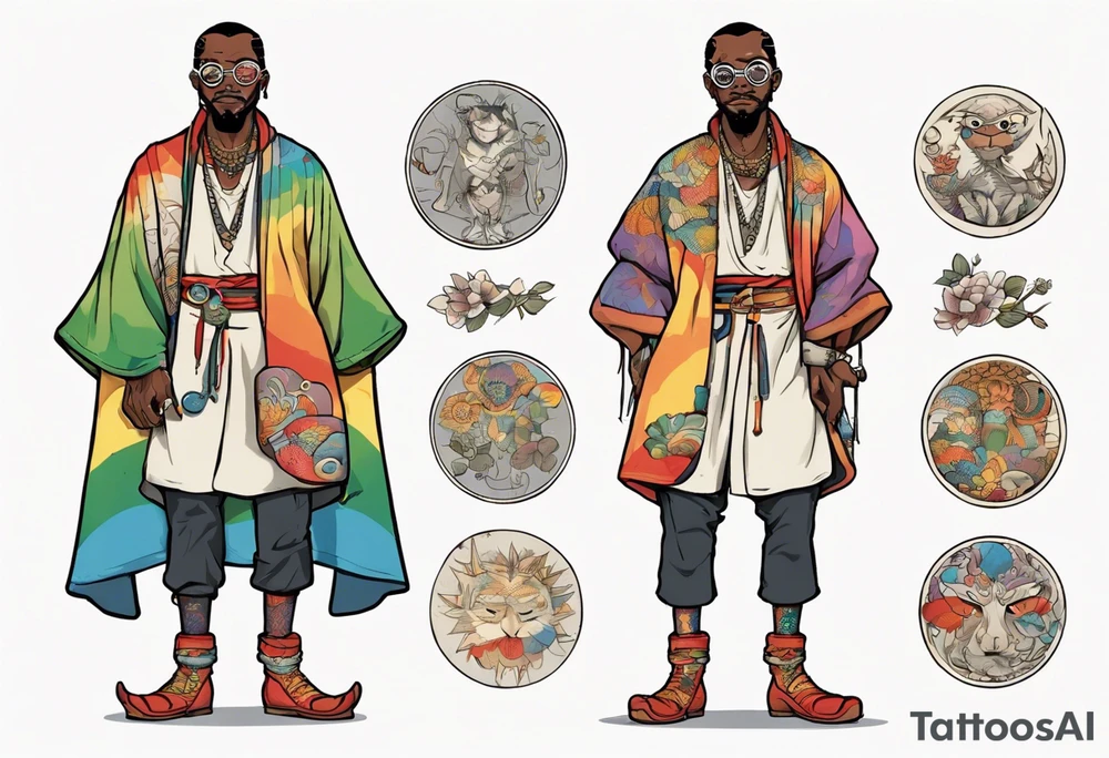 a medieval black man wearing round glasses and a rainbow tunic and scaled boots tattoo idea