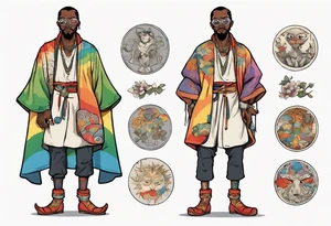 a medieval black man wearing round glasses and a rainbow tunic and scaled boots tattoo idea
