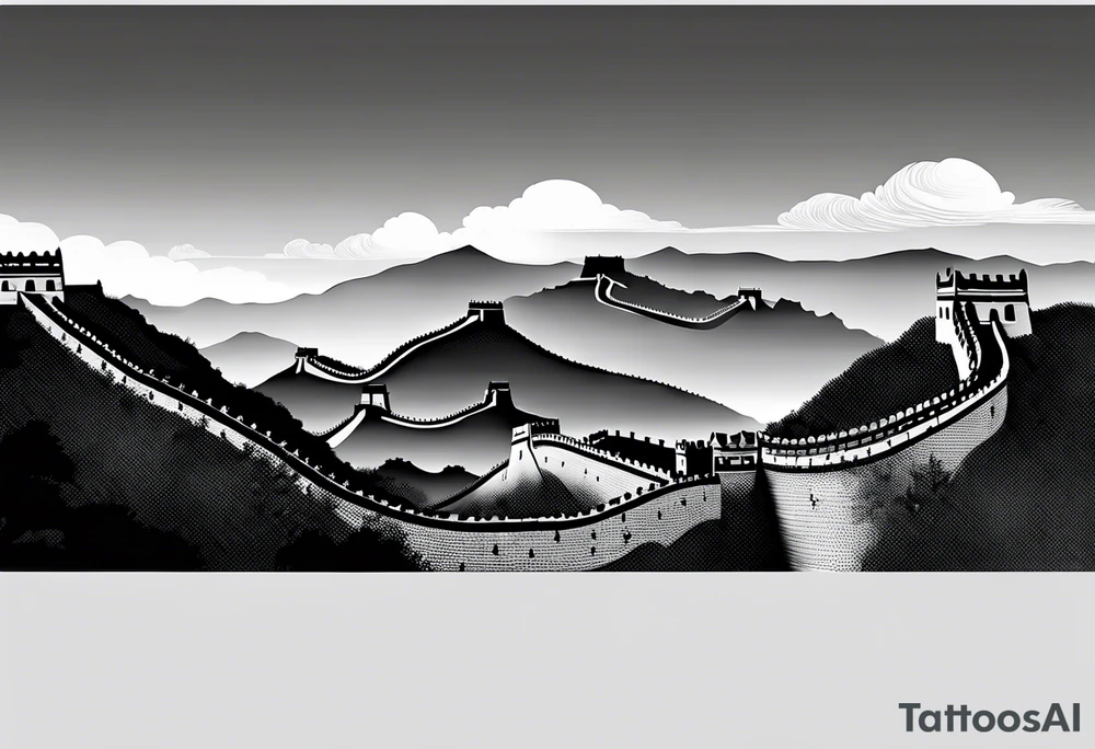 Great Chinese wall, realistic, art, gezeichnet, fine line, black and grey, sky tattoo idea