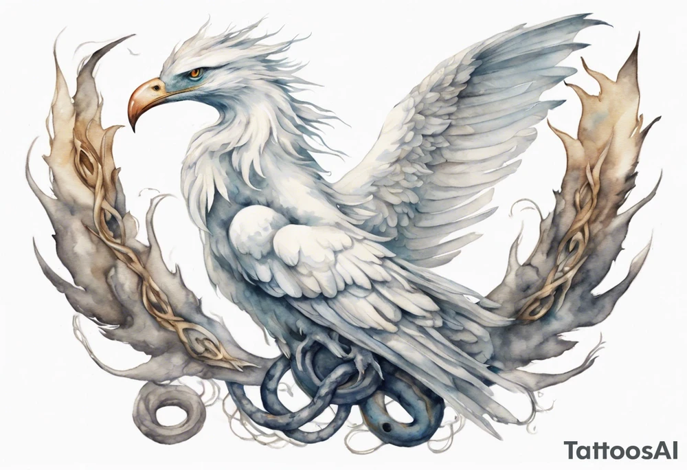 a watercolor of a white bird-serpent hybrid wearing an iron crown, flying in the sky tattoo idea