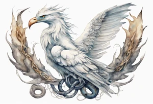 a watercolor of a white bird-serpent hybrid wearing an iron crown, flying in the sky tattoo idea